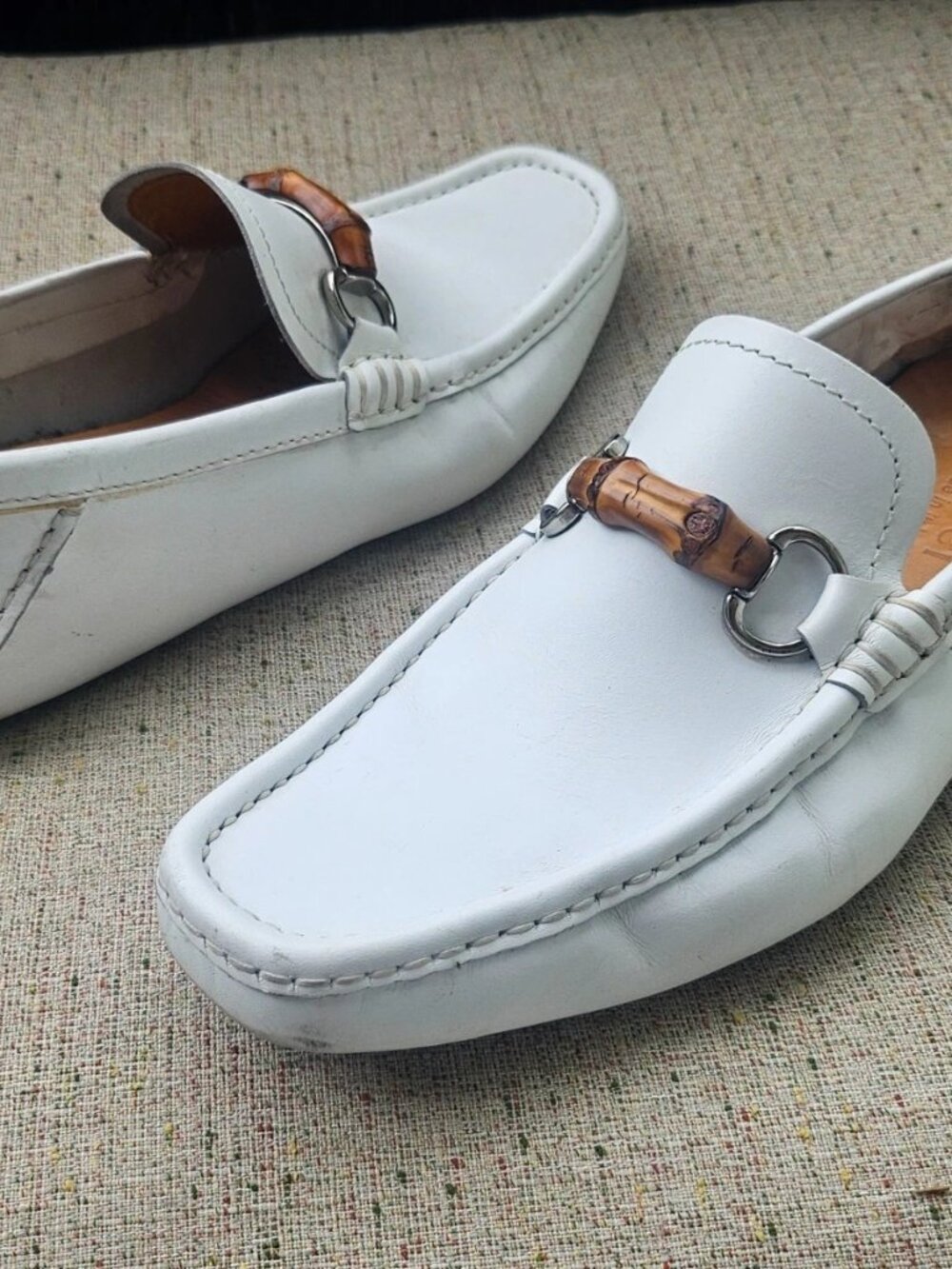 Gucci Men Loafer Shoes White Leather Slip On Driving Horsebit Size 40 Made Italy - Picture 7 of 14